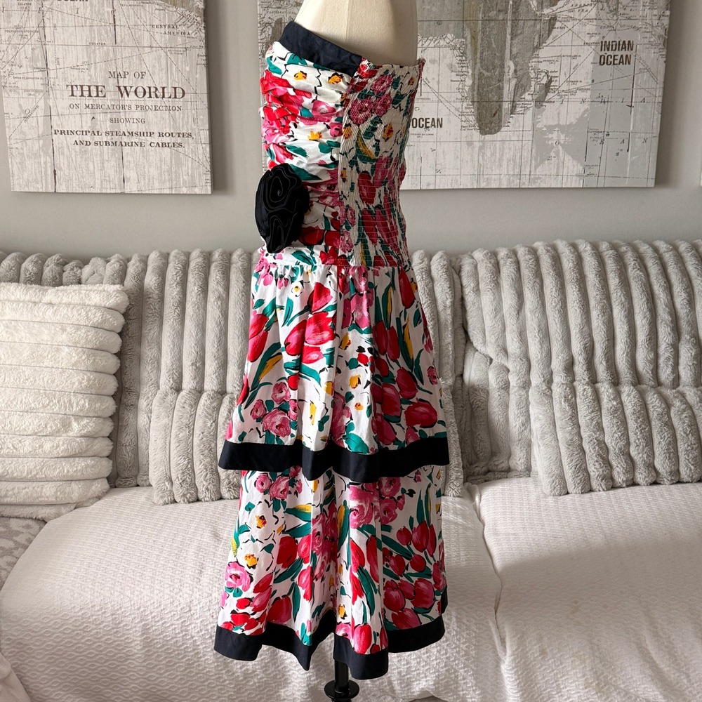 Vintage Robbie Bee Floral Strapless Ruffle Tiered Dress Black Trim Bow Accents - Picture 3 of 5